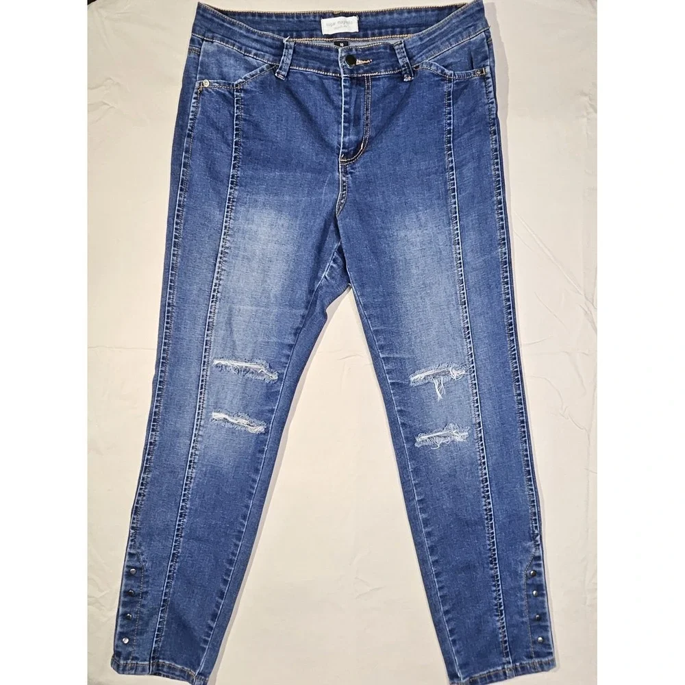 Sugar Magnolia Womens Distressed Skinny Jeans Size 10 Blue Stretch Ankle Studded